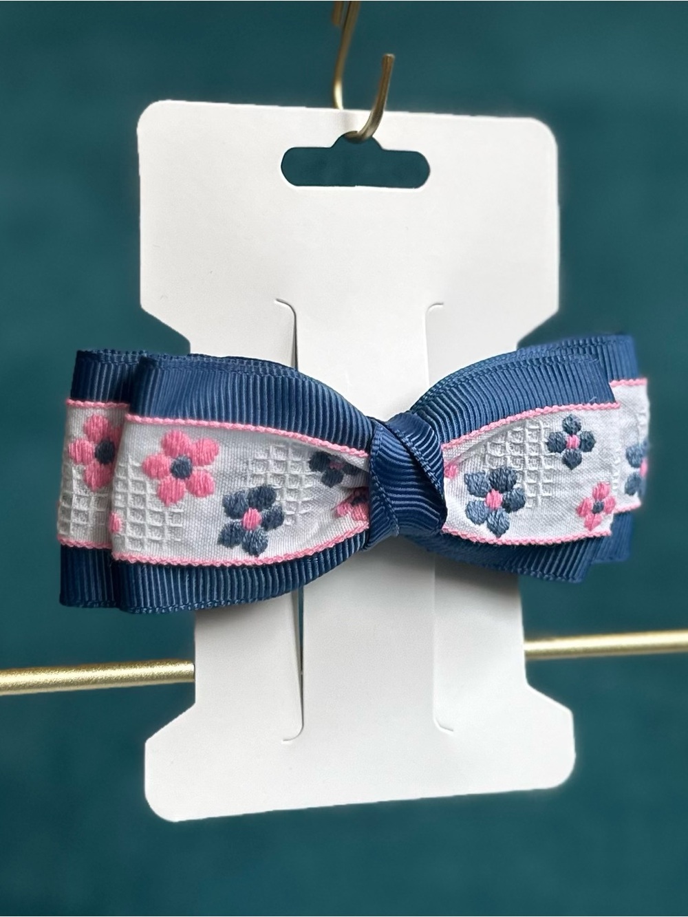 Handmade Blue Floral Grosgrain Bow Hair Clip